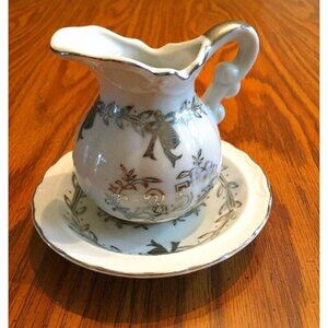 VTG 50s Lefton China 25th‎ Silver Anniversary Creamer Dish Set Japan Handpainted